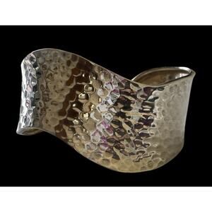 Signed 925 Mexico Cuff Hammered Sterling Curvy Silver Bracelet 1.25” Wide 26g